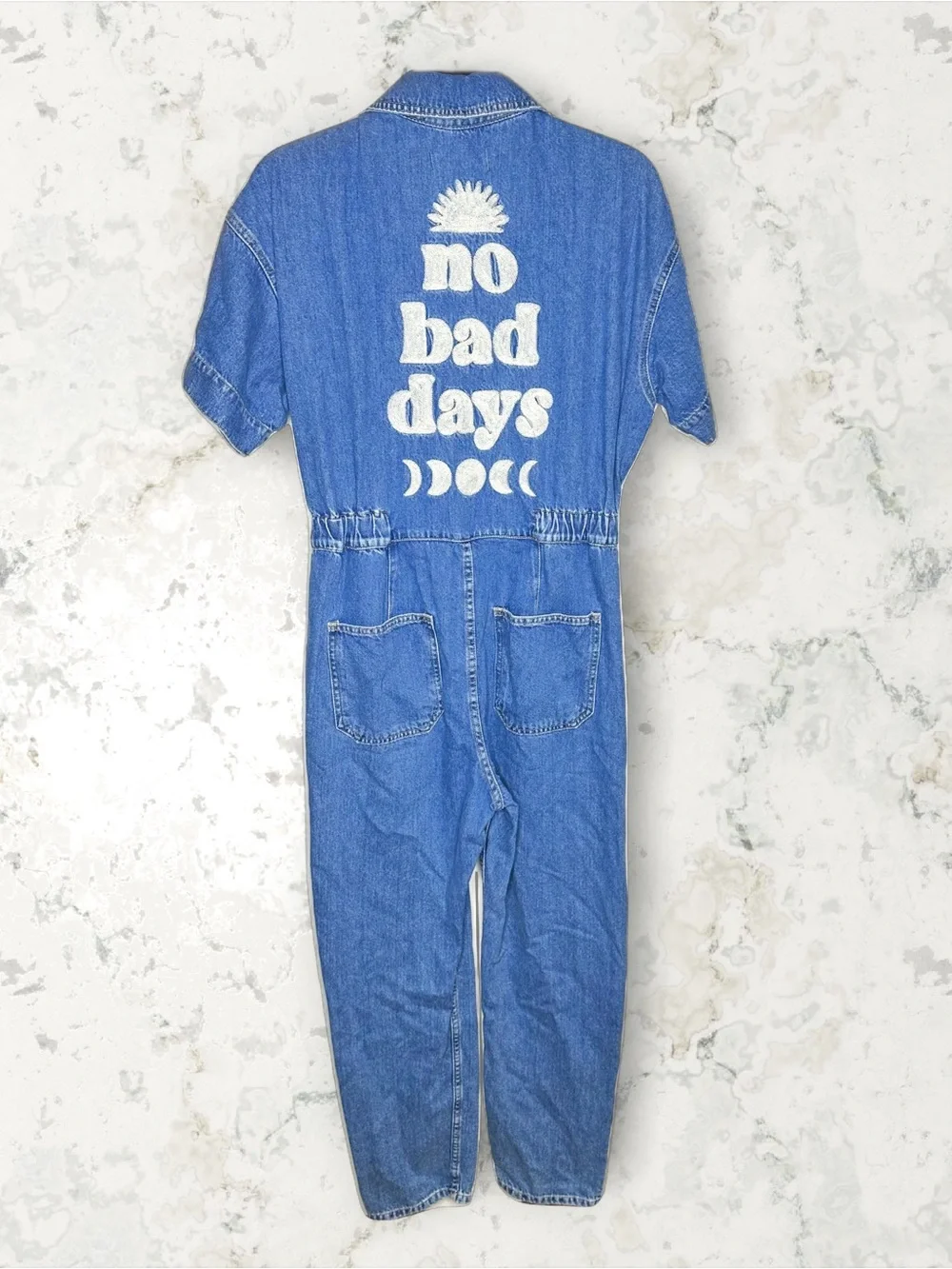 Free People Embroidered ‘No Bad Days’ Celestial Moon Denim Jumpsuit S